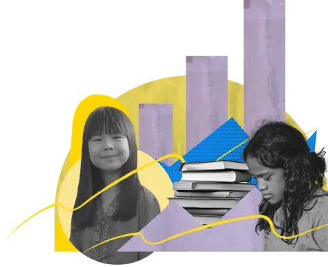 Two girls, one smiling and one focused, with a stack of books and bar-chart-like columns in the background, symbolizing education, hope and progress through abstract geometric shapes and soft colors.